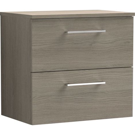 Balterley Bramshall Modern Bathroom 600mm Wall Hung 2 Soft Close Drawer Vanity Unit with Worktop, 539 x 605 x 383mm, Solace Oak