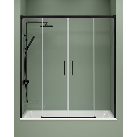 Mampara Bañera Frontal 2 Puertas - 2 Fijos Corredera Cristal Templado 6mm Antical Transparente Perfil Negro Mate 155 cm (Adaptable 149-154cm) (1/5)