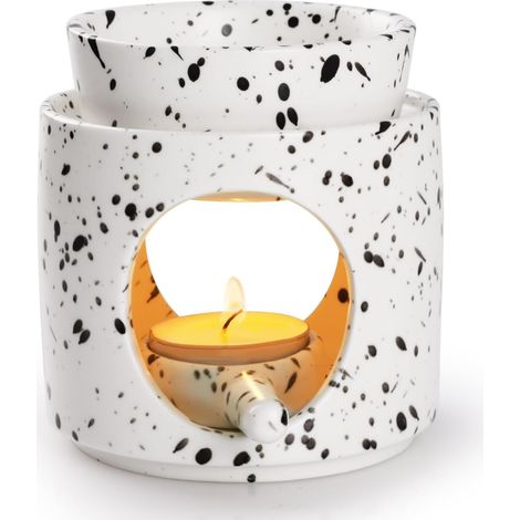 JeiibrZui Duftlampe aus weißer und schwarzer Keramik – 9,5 x 9,5 x 8 cm – Aromadiffusor mit Teelichthalter für ätherische Öle, ideal für Wohnzimmer und Badezimmer. (1/5)
