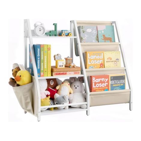 Estantería Infantil de 3 Niveles, Estantería 850 x 300 x 755 mm con Soporte para Libros y Bolsa de Almacenamiento, Mueble para Niños para Dormitorio, Habitación Infantil y Salón, Blanco (1/5)