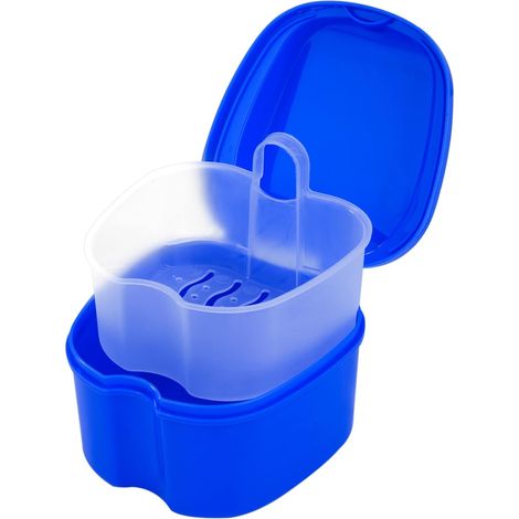 Bleu Foncé Boîte de Rangement pour Prothèses Boîte de Dentiers Étui de Bain pour Prothèses avec Passoire pour Stockage Trempage Nettoyage (1/5)