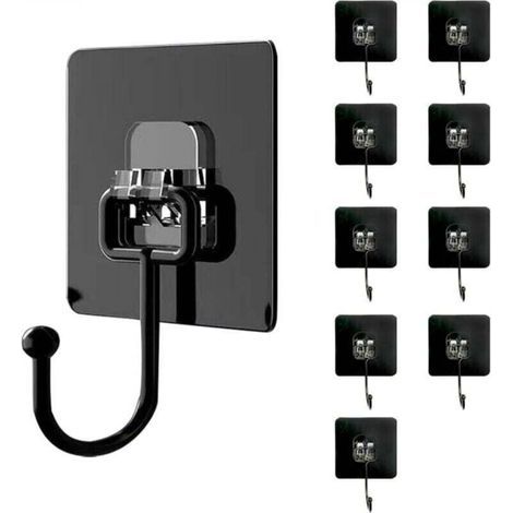 Lot de 10 Cochet Adhésif Mural(Maximum 30 kg) - Noir - Étanche et Sans Trace - Fixation Murale Sans Percer Pour Salle de Bain, Plafond, Crochet Mural, Ustensiles de Cuisine, Clés, Sac à Dos (1/4)