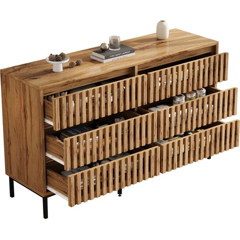 Buffet commode à 6 tiroirs, meuble de rangement 120x40x81 cm en MDF et panneau de particules, motif ajouré, 5 pieds noirs réglables, bois clair  CHICFURN (1/5)