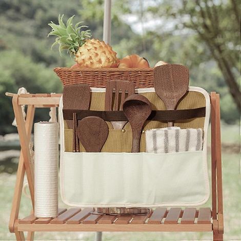 Boîte de rangement pliable en toile pour pique-nique, barbecue, couverts et ustensiles de camping (baguettes, cuillères, fourchettes). Organisateur pour baguettes, cuillères et fourchettes. (1/5)