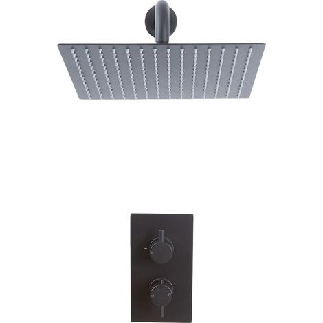 Hudson Reed – Colonne de douche encastrée avec mitigeur thermostatique noir mat – Pommeau carré 30 x 30 cm en acier inoxydable – Anti-brûlure et silicone anti-calcaire