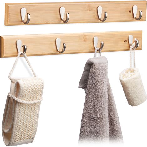 2 x Hakenleiste Bambus, natürliche Maserung, 4 Metallhaken, Flurgarderobe, Handtuchhalter, HBT: 6 x 48,5 x 5 cm, natur
