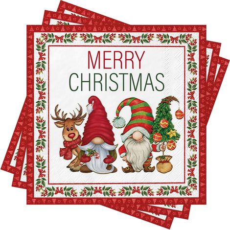 Lot de 80 serviettes de table de Noël avec lutins - Décoration de table - Rouge - Décoration de table de Noël - Joyeux Noël - Serviettes en papier (1/5)