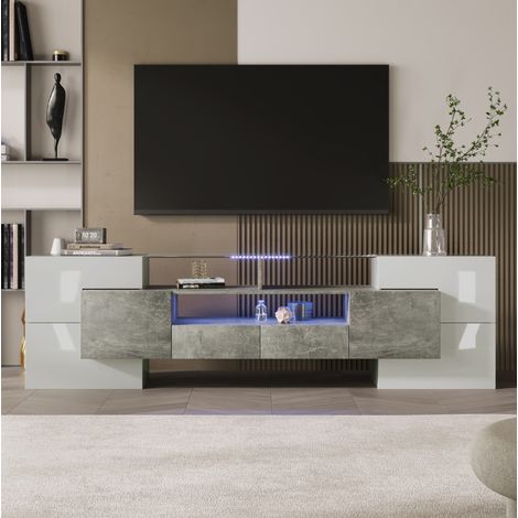 Mueble TV 200x35x60 cm de MDF blanco alto brillo, con almacenamiento LED para salón FloraGrace (1/5)