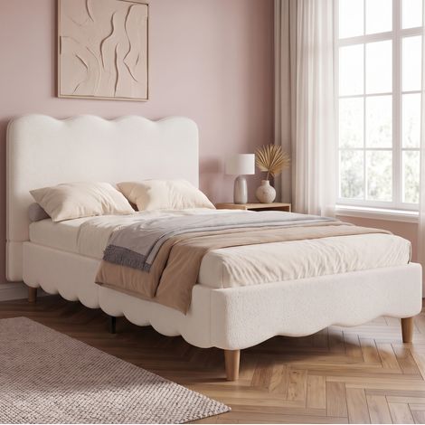 Cama infantil 90x200cm con somier de láminas, cabecero acolchado, bouclé blanco, estructura estable (1/5)