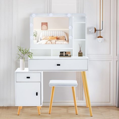 Clipop – Coiffeuse blanche avec miroir LED réglable – 6 étagères ouvertes, 2 tiroirs, armoire – Panneau MDF imperméable, télécommande USB (1/5)