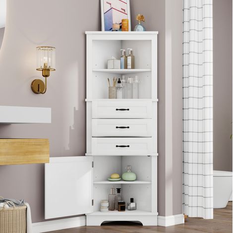 Badezimmerschrank Eckschrank mit 3 Schubladen MDF Weiß OKMYHOME (1/5)