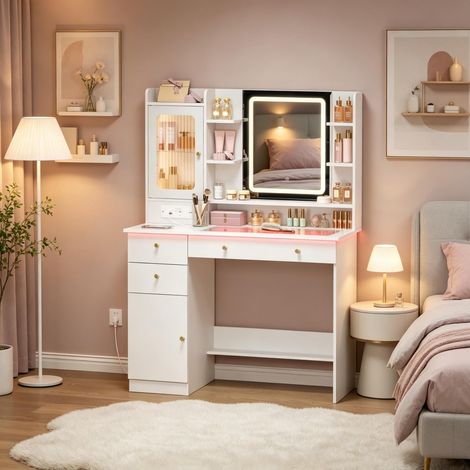 Coiffeuse moderne, table de toilette polyvalente, coiffeuse avec miroir LED, coiffeuse avec station de recharge (coiffeuse uniquement, chaise de maquillage non incluse) (1/5)