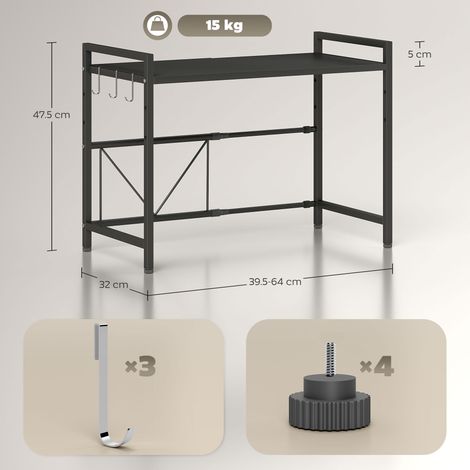 Support extensible pour micro-ondes à deux niveaux (avec 3 crochets), en métal, 39,5-64 x 32 x 47,5 cm, noir (1/5)