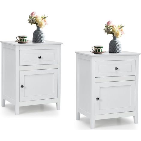 GOPLUS 2 Tables d'Appoint à 2 Niveaux avec Plateau Spacieux,Armoire de Rangement avec Tiroir et Etagère Réglable,Blanc (1/4)