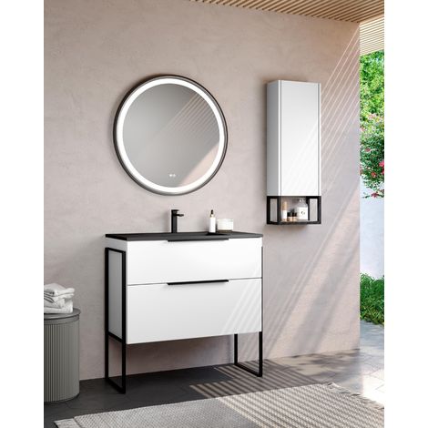 Mueble de Baño Al Suelo con Lavabo Cerámico Negro 2 cajones con Cierre Amortiguado y Organizador 70 cm Blanco Brillo Tirador Negro (1/5)