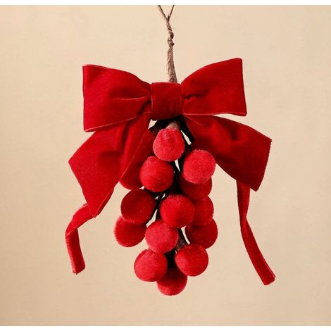 Ornement suspendu grappe boules velours rouge 22×13 cm, décoration de sapin avec grand nœud (1/3)