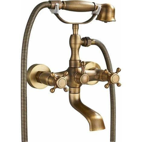 Robinet mitigeur de baignoire rétro en laiton avec double poignée, ensemble de douche réglable pour baignoire et douchette, eau chaude et froide (1/5)