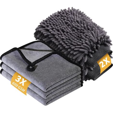 Kit per la pulizia dell'auto con 3 panni in microfibra e 2 guanti per il lavaggio dell'auto, panno per l'asciugatura dell'auto in microfibra da 600 GSM, estremamente assorbente e morbido, 40x30 cm, ki (1/5)