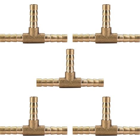5 pièces 6 mm Raccord en laiton, 3 voies en forme de T, raccord pour tuyau d'air gaz eau carburant, connecteur en T barbelé (1/5)