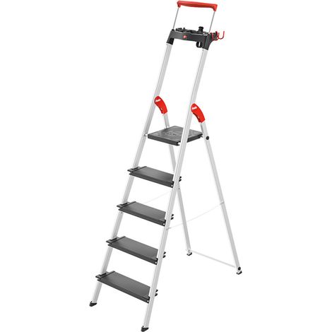 Hailo – Escabeau pliable en aluminium 5 marches larges – Hauteur de travail 3m10 – Garde-corps télescopique – Plateforme antidérapante (1/10)