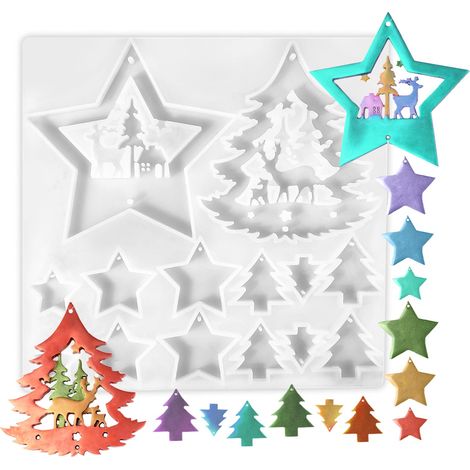 Moule Resine Epoxy de Noël Silicone7.9 "x7.6 "x0.28", Moules pour Ornementation pour le Bricolage en Forme de Sapin de Noël, Renne, Petite étoile, Artisanat, Décoration et Art de la Résine (1/5)