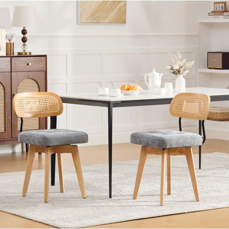 Pack de 2 sillas de comedor giratorias 360° de chenilla gris y respaldo de ratán (1/5)