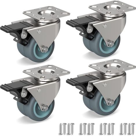 Ruedas giratorias para muebles, ruedas dobles robustas con freno + tornillos – 50 mm hasta 160 kg – rueda de goma para carro (1/4)