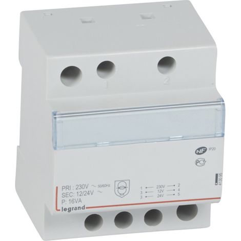 Legrand – Transformateur pour tableau électrique 230V vers 12V ou 24V – Puissance 16VA – 4 modules – Protection contre surcharges et courts-circuits