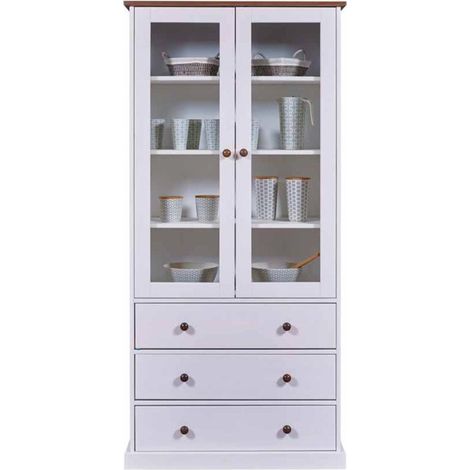 Paris Prix – Vaisselier blanc 2 portes battantes – 3 tiroirs – Bois massif pin – Dimensions L. 90 x l. 38,4 x H. 190 cm – Certification FSC