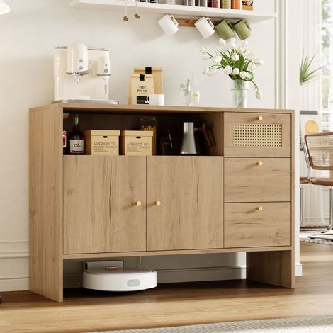 Buffet de Cuisine 105x40x76 cm Meuble Rangement avec 2 Portes, Tiroirs en Rotin, Poignées Dorées - pour Salon Chambre - Bois Naturel