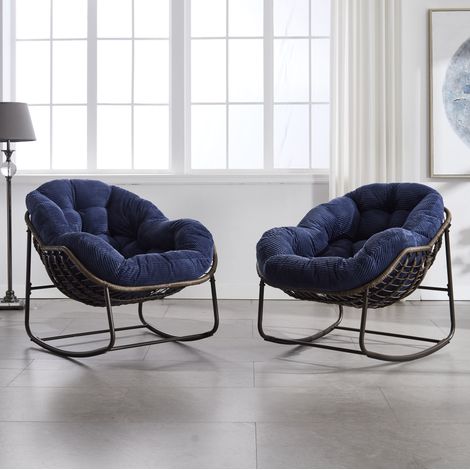 Sedia a dondolo da esterno in rattan con cuscini, 78 x 106 x 90 cm, blu navy (1/5)