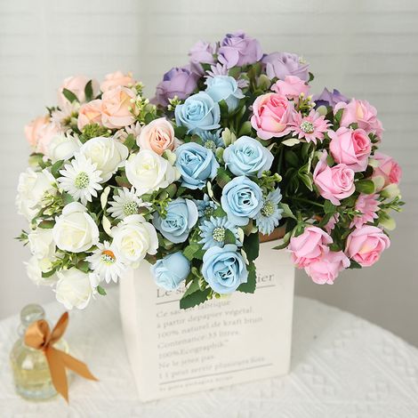 Roses Artificielles - 5 Bouquets - Tige Flexible en Fil de Fer et Plastique - Fleur en Soie Résistante aux UV - Pour Intérieur Extérieur Jardin Cuisine Bureau - 12,5 Pouces (1/4)