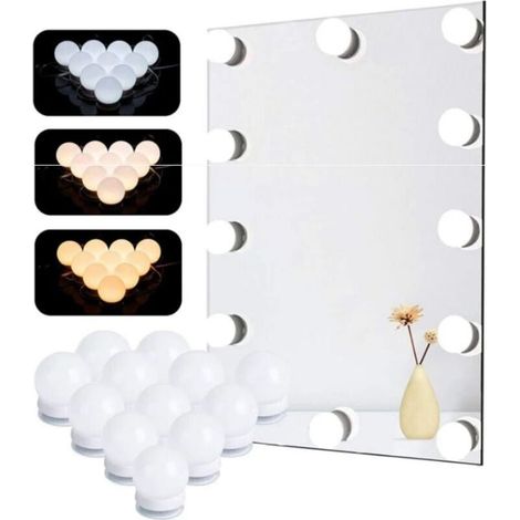 Lumière de Miroir, Natseekgo 12 Ampoules Hollywood Kit de Lumière LED Dimmable Lampe pour Miroir Cosmétique Salle de Bain 3 Couleurs 10 Niveaux de Luminosité avec (Miroir Non Inclus) (1/4)