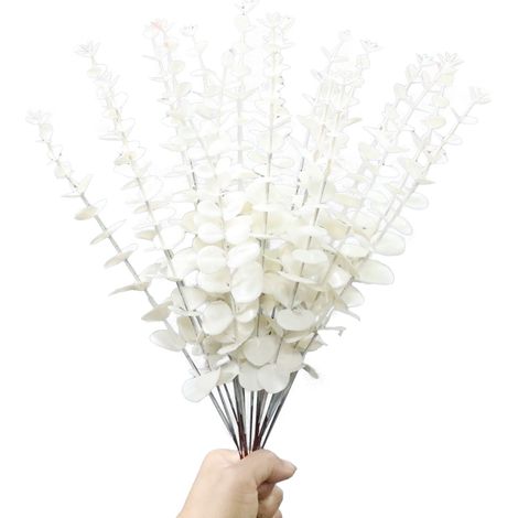 24 künstliche Grünpflanzen, Blumenarrangement aus einzelnen Eukalyptusblättern, künstliche Blumendekoration für den Innenbereich (Weiß - Einzelner Eukalyptus 016) (1/2)