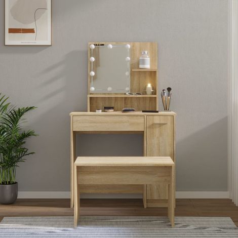 Ensemble de coiffeuse et Miroir + tabouret avec LED,Style Moderne Chêne sonoma Bois d'ingénierie -BV20248 (1/5)