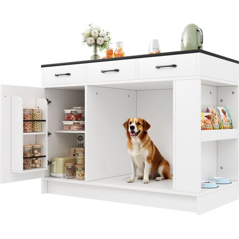 Îlot de cuisine blanc avec 3 tiroirs, range-épices, étagère réglable, niche pour animaux et double tablette, meuble de service 120 x 60 x 90 cm  CHICFURN (1/5)