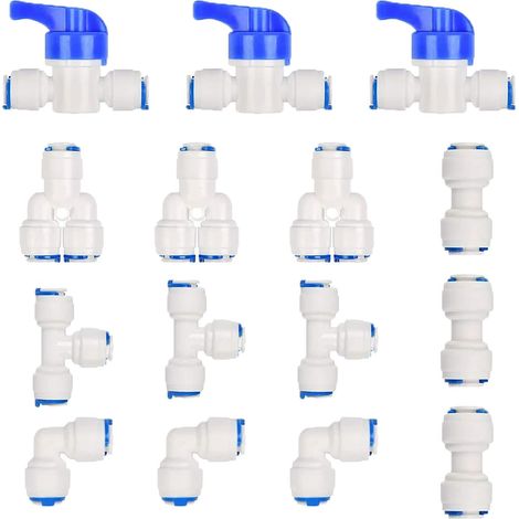 Raccord Tuyau 1/4", 15 Pièces Raccord de Filtre à Eau, Connecteur pour Réfrigérateur Tuyau, Raccord Osmoseur 1/4" pour Distributeur d'eau, Purificateur d'eau(Y + T + I + L Combo + Vanne d'arrêt) (1/5)