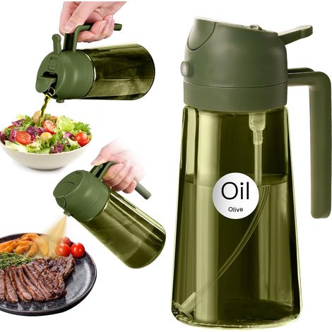 1 Bouteille Huile 470ml Verre Vert Olive Pulvérisateur 2en1 Cuisine Anti-lumière Étiquettes (1/5)