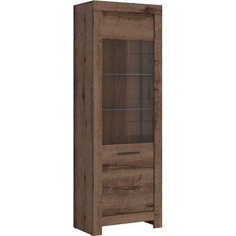 Vitrine en verre trempé à 1 porte avec éclairage LED, coloris Chêne marron foncé- Longueur 68 x Profondeur 39,5 x Hauteur 196,5 cm (1/5)