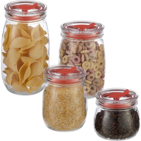 Relaxdays storage jars, set of 4, airtight lid, straw opening, cookie jar, cereal jar, pickling jar, glass, transparent