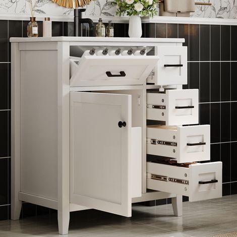 Lavabo autoportant blanc 76x46x90cm, vasque céramique intégrée, meuble à quatre tiroirs silencieux rabattables, étagères dans porte, poignées noires, surface laquée.
