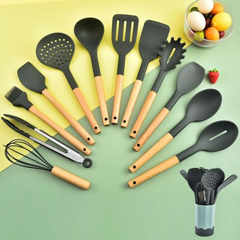Juego de utensilios de cocina de 12 piezas: juego de utensilios de cocina de silicona con mango de madera, soporte y orificio para colgar juego de cocina antiadherente resistente al calor para hornear (1/5)