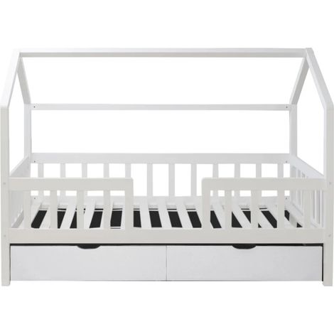 Cama casita con barandilla + 2 cajones madera blanco 90x190cm