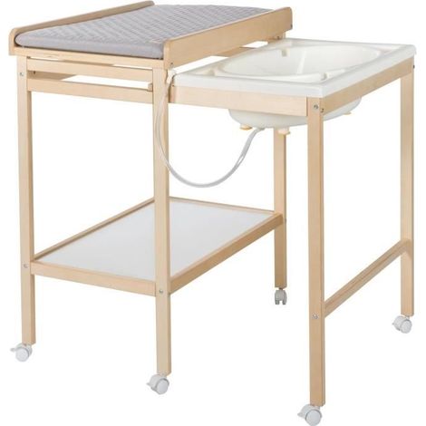 Table à langer avec baignoire coulissante – Matelas déperlant gris – Dimensions H 100 x L 83 x P 57/98 cm – Bois naturel et blanc – Roba