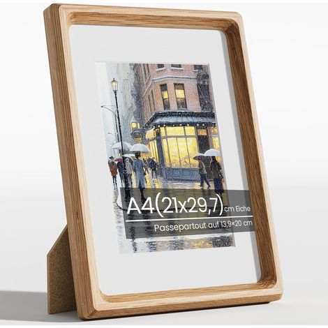 Cadre photo A4, Cadre photo en chêne naturel avec verre trempé, Cadre en bois 21x29,7 cm matifié de 13,9x20 cm fabriqué à la main, pour mur ou table pour collage de photos, affiches (1/5)