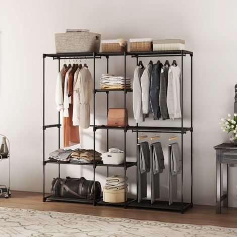 Kleiderschrank 182 x 43 x 185 cm, offener Kleiderschrank mit 8 Stoffregalen, Kleiderstangen, schwarzem Metallrahmen