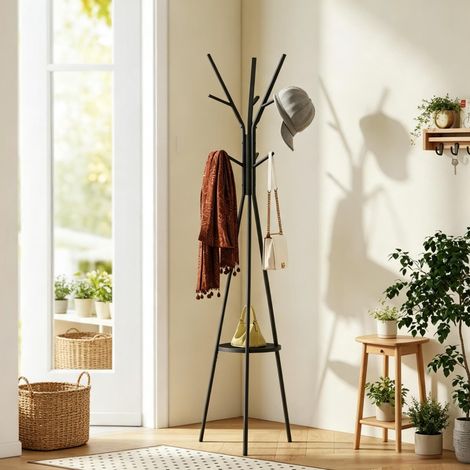 Porte-manteau sur pied 45x45x180 cm en métal noir, gain de place pour entrée FloraGrace (1/5)