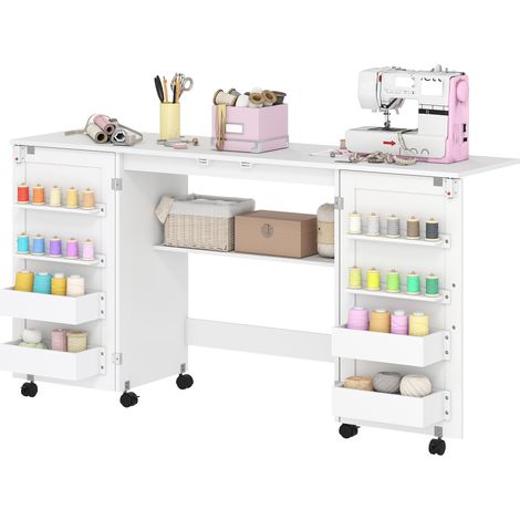 Table de Couture Pliable 6 Roues 20 Chevilles Fil 4 Compartiments Étagère Blanc