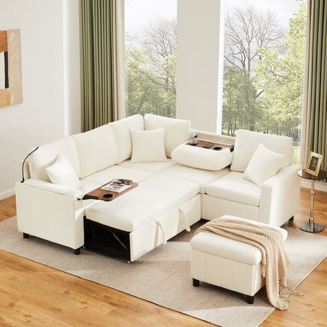Canapé chenille convertible beige 205 x 205 x 85CM, connexion USB / Type-C, table basse pliante et double porte-gobelets intégrés (1/5)