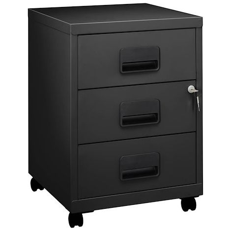 Caisson mobile 3 tiroirs noir – Fabrication monobloc métal grainé antirayures – Tiroirs sur glissière à billes – Dimensions H 57 x L 40 x P 40 cm